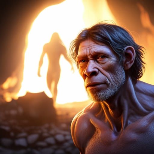 Hominids Eating Meat by Firelight in Cave