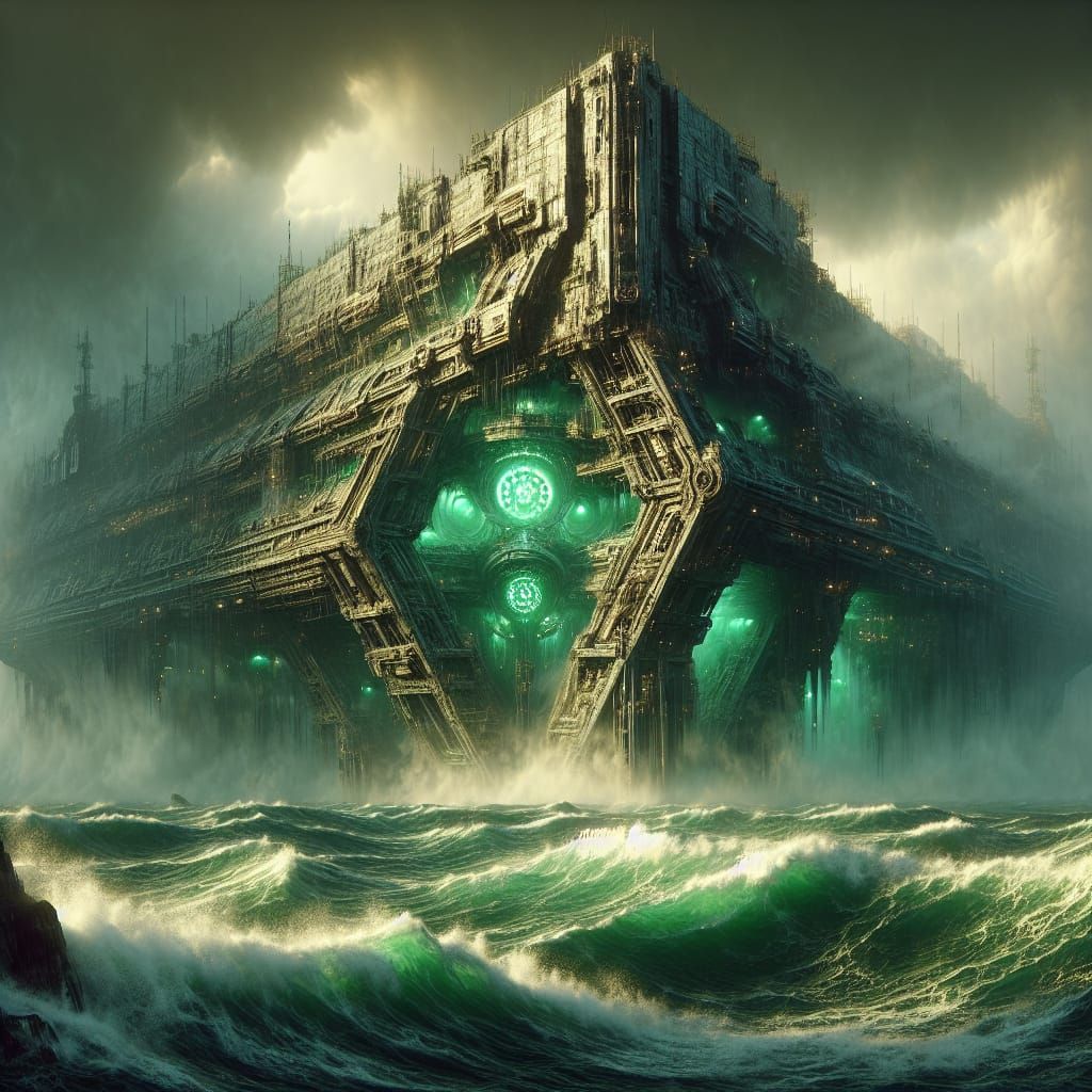 Ancient Biomechanical Wreckage Hovering Amidst Turbulent Sea...