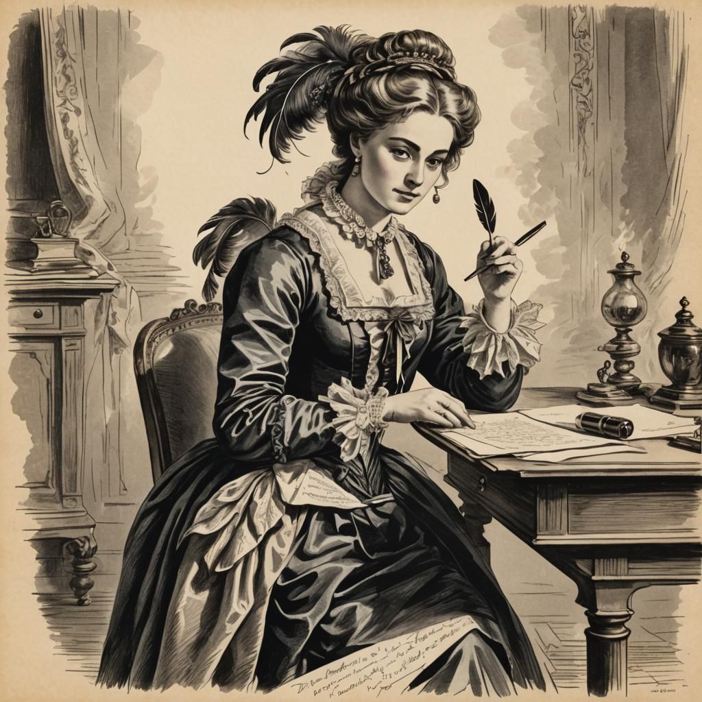 Woman Writing at Desk in Vintage Illustration Style