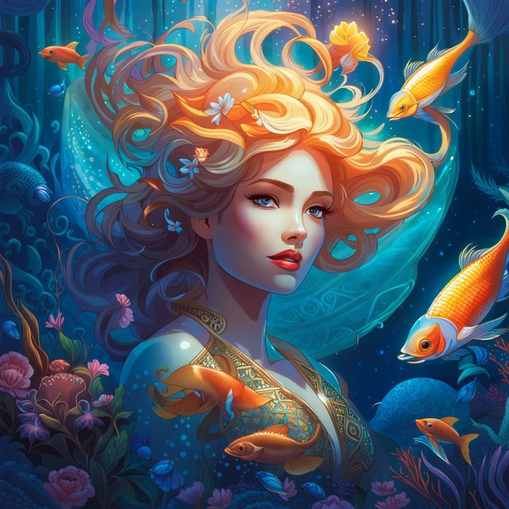 Mermaid having a talk with goldfishes 🐟
