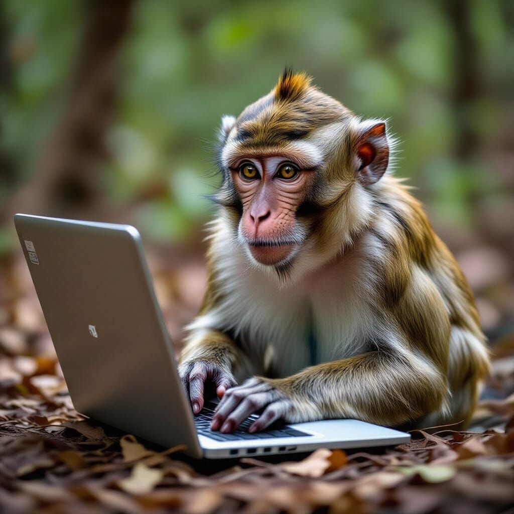 Monkey Uses Laptop in Wilderness, Cinematic Style