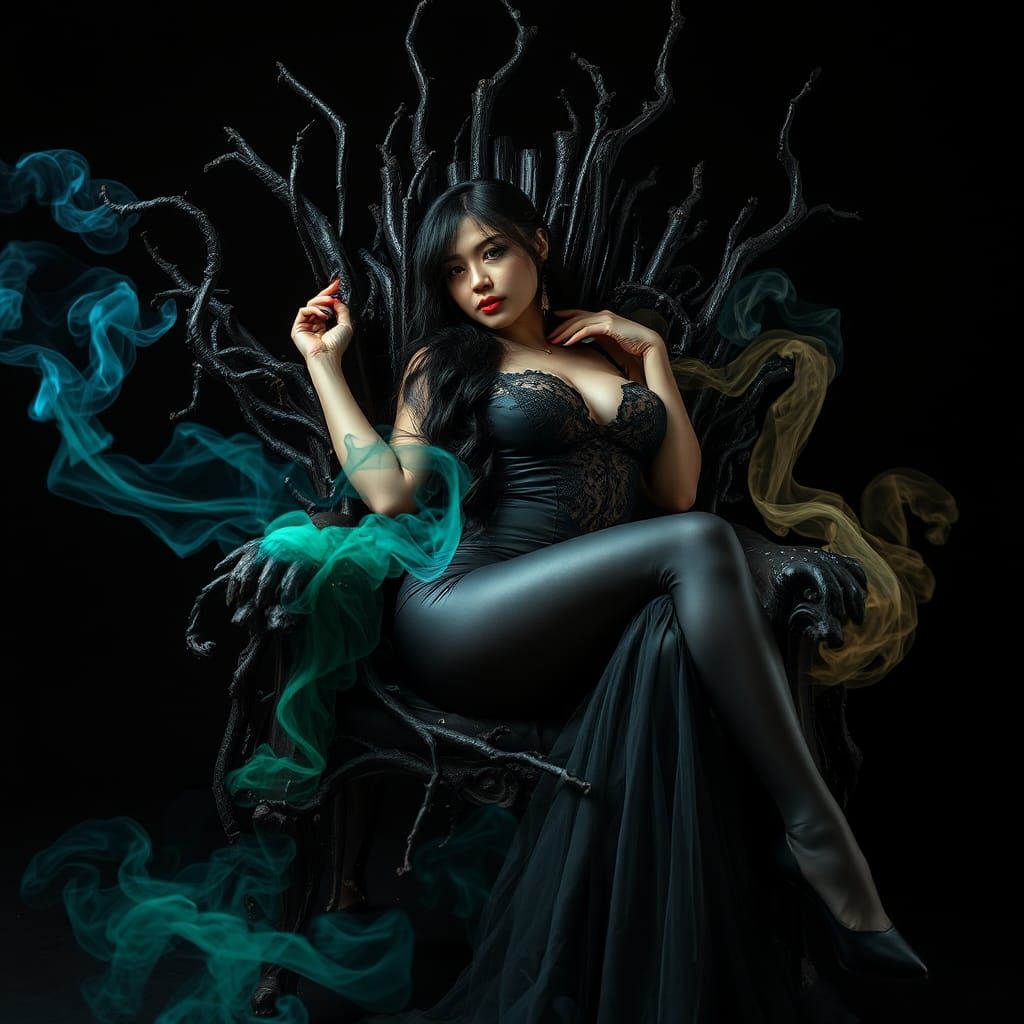 Dark Witch on Throne in Surrealist Dreamscape