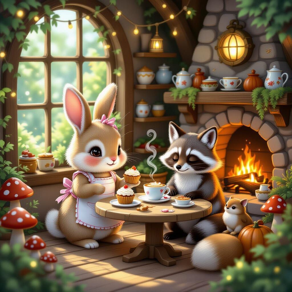 Cozy Forest Cafe with Animals Serving Treats