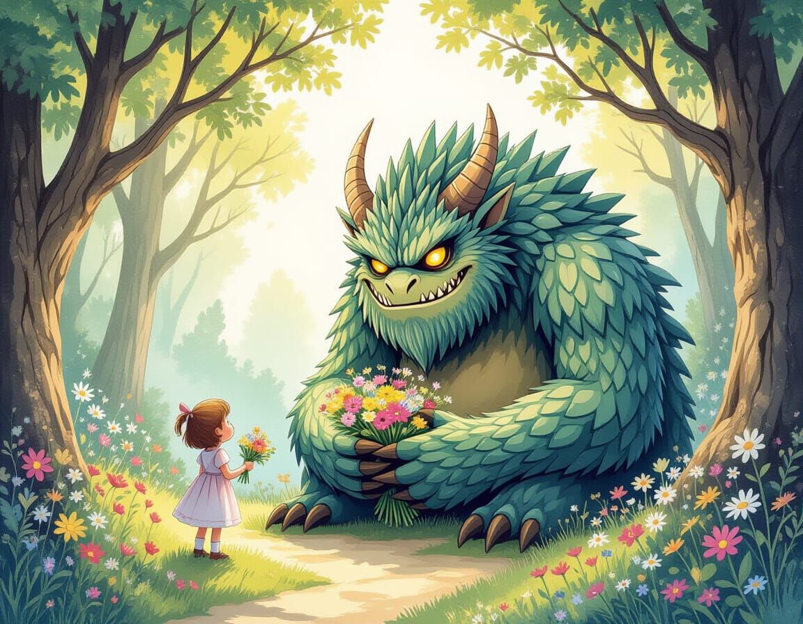 Gentle Forest Monster Delivers Flowers: Watercolor Painting