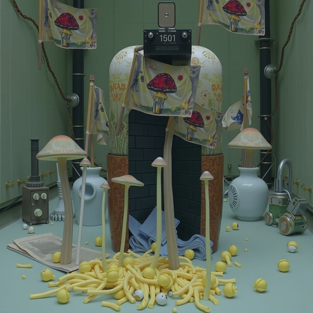 Whimsical Dystopian Dreamscape in Mixed-Media