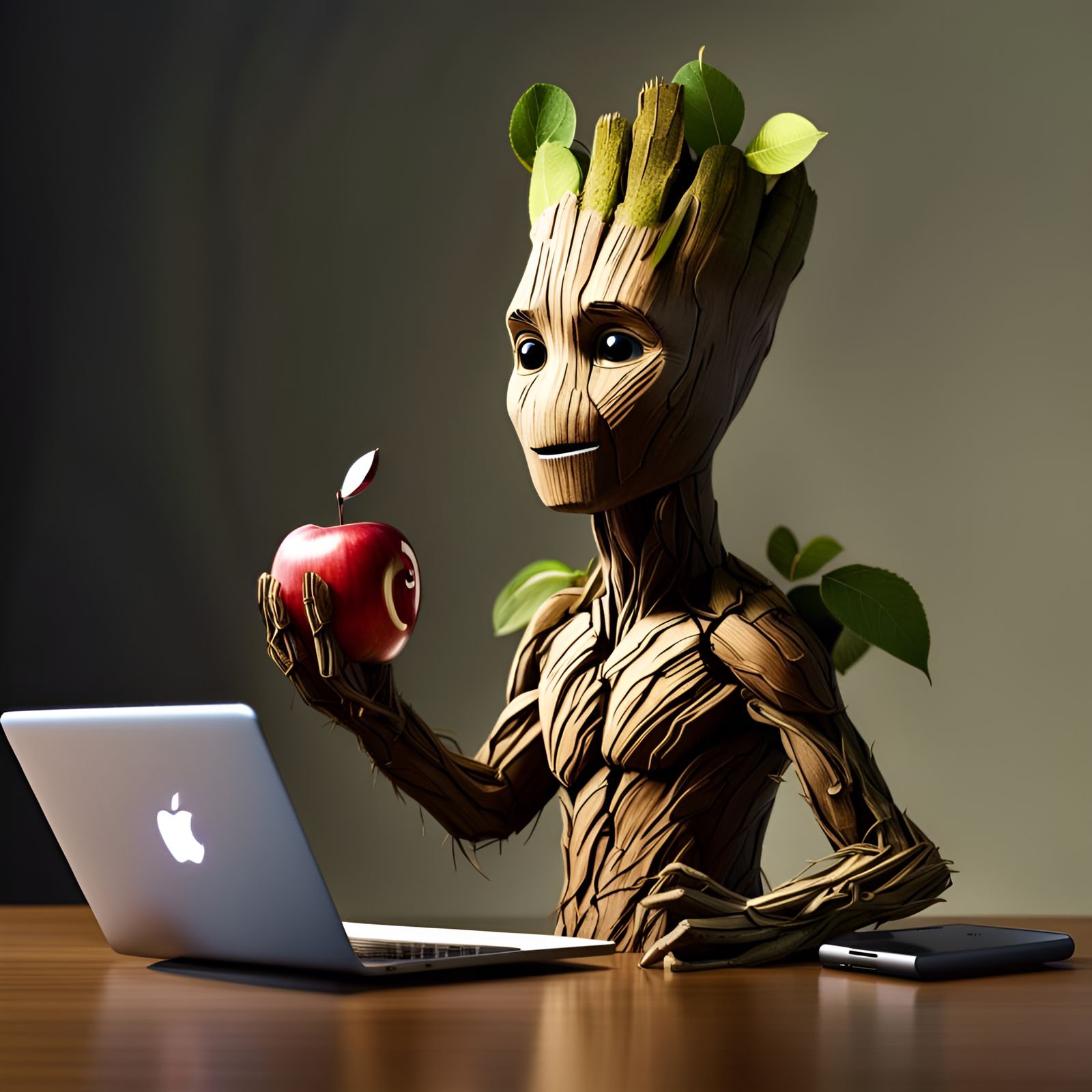 Groot Using Apple Laptop and iPhone