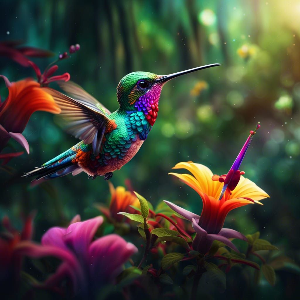 Colorful Hummingbird Sips Nectar in Forest: Fantasy Art
