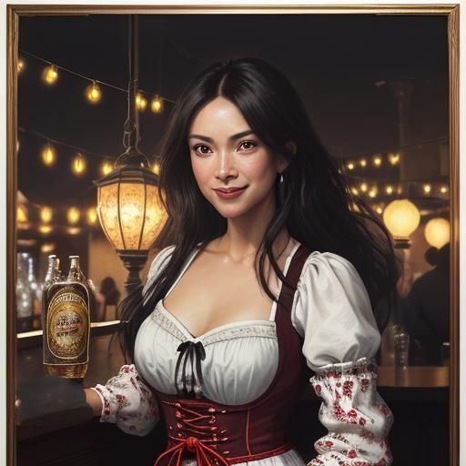 Bavarian Woman in Dirndl Dress in Beer Garden