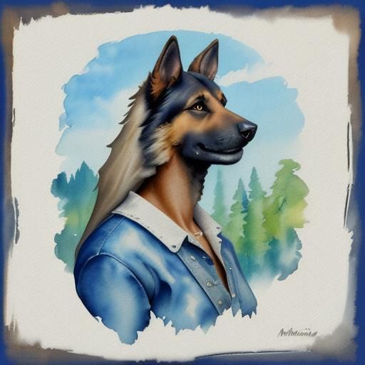 German Shepherd with Mullet in Gouache Style