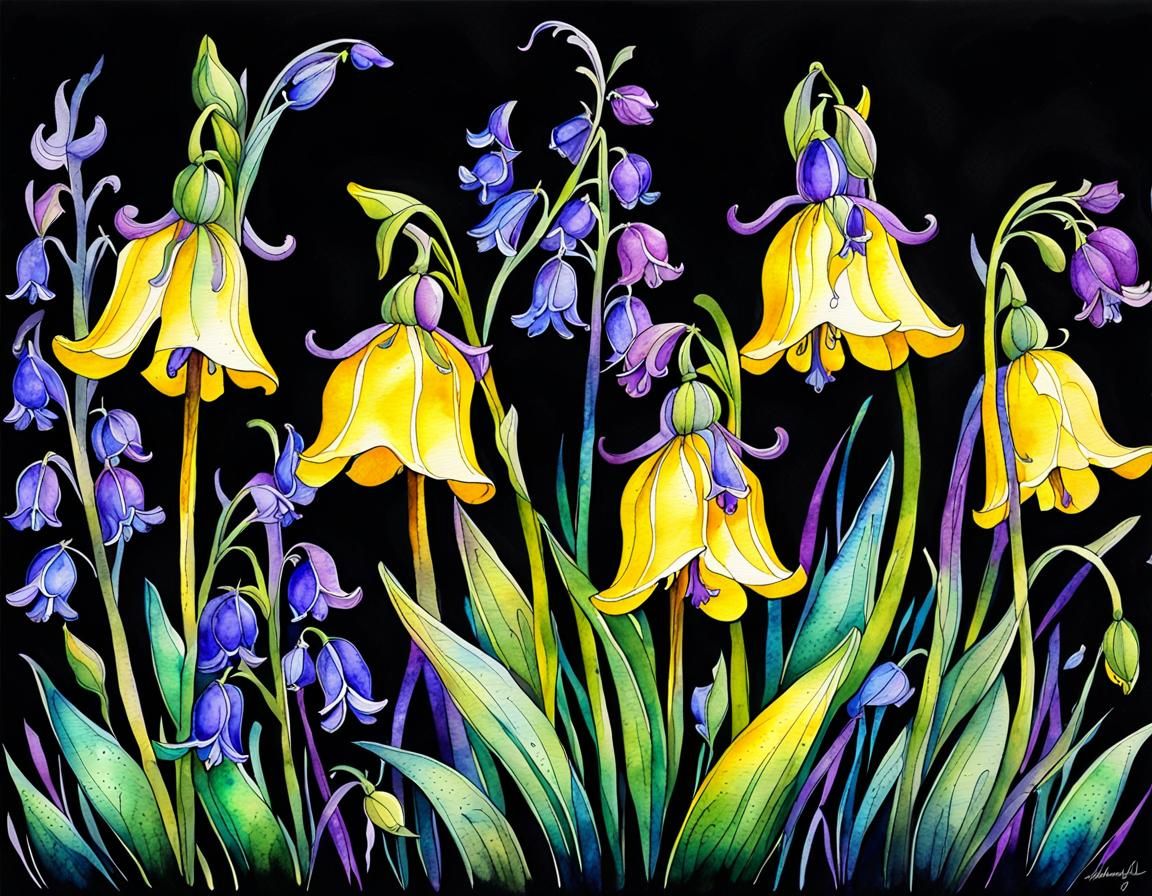 Vibrant Bluebells Watercolor and Ink Drawing