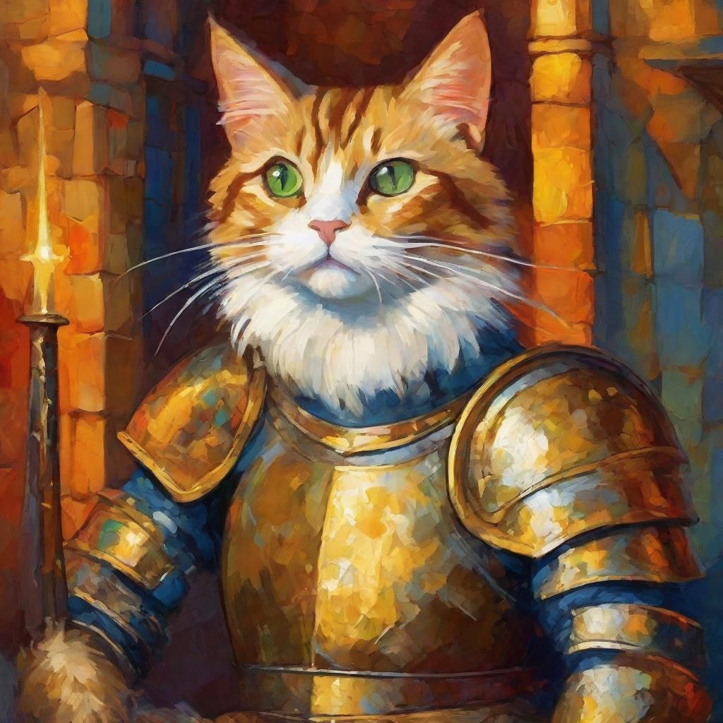 Cat Knight on Throne in Post-Impressionist Style
