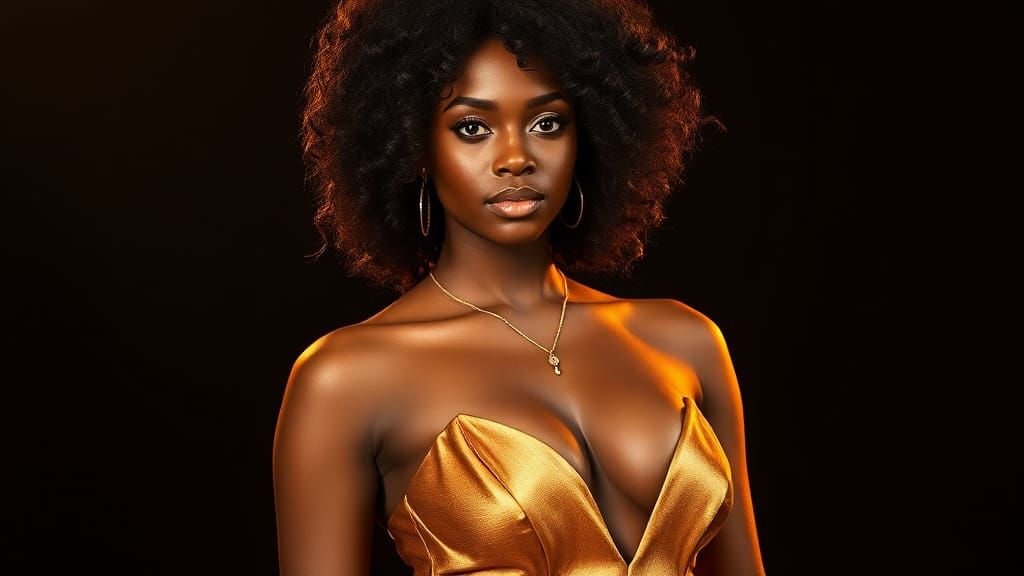 Glamorous Woman in Gold Gown, Cinematic Portrait