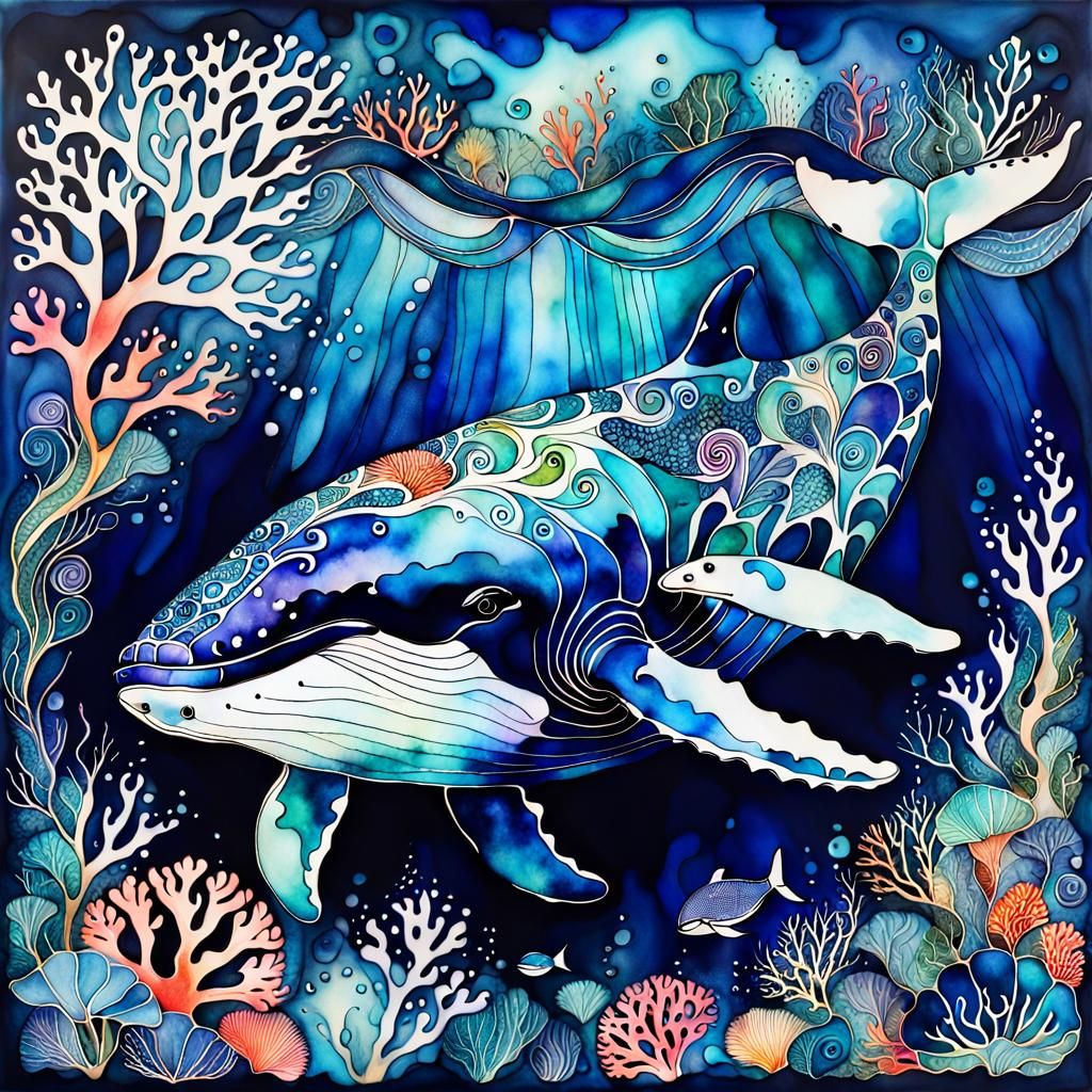 Abstract Alcohol Ink Whale in Deep Blue Ocean