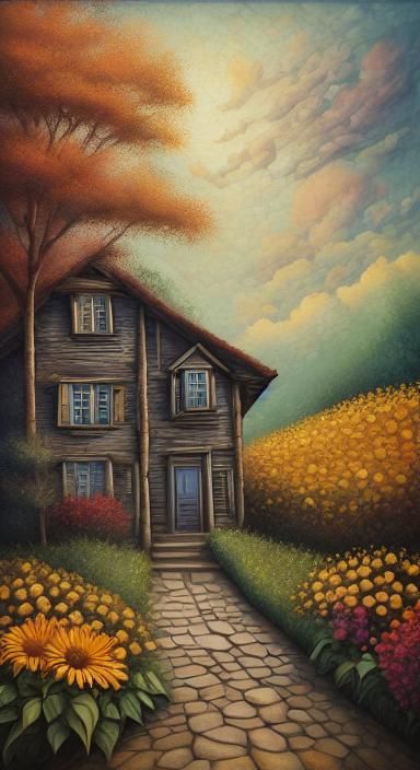 Surreal Witch House with Sunflowers at Sunset