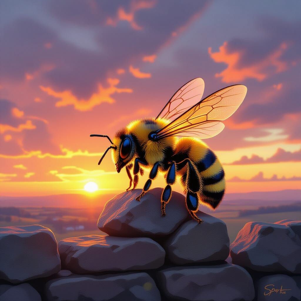 Giant Bee Sits on Wall Enjoying Surreal Sunrise