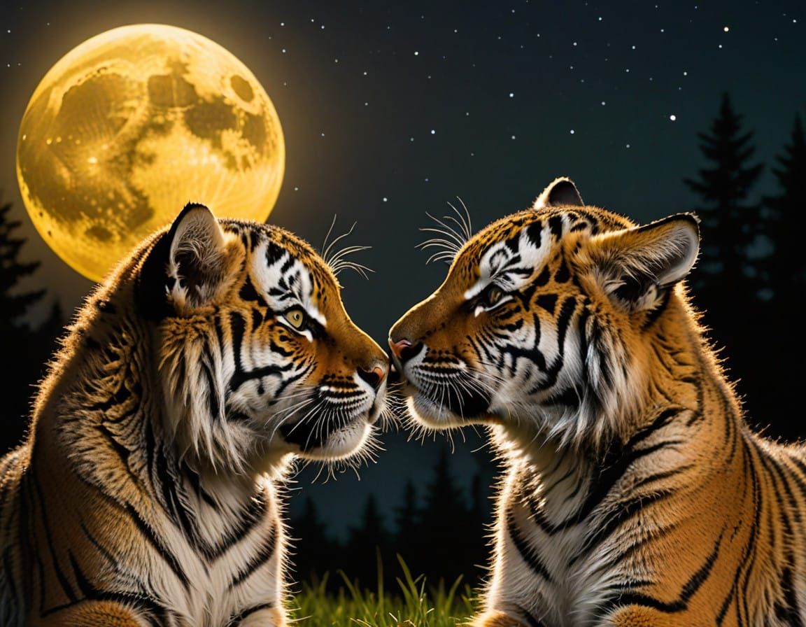 Siberian Tiger Cub in Moonlit Night