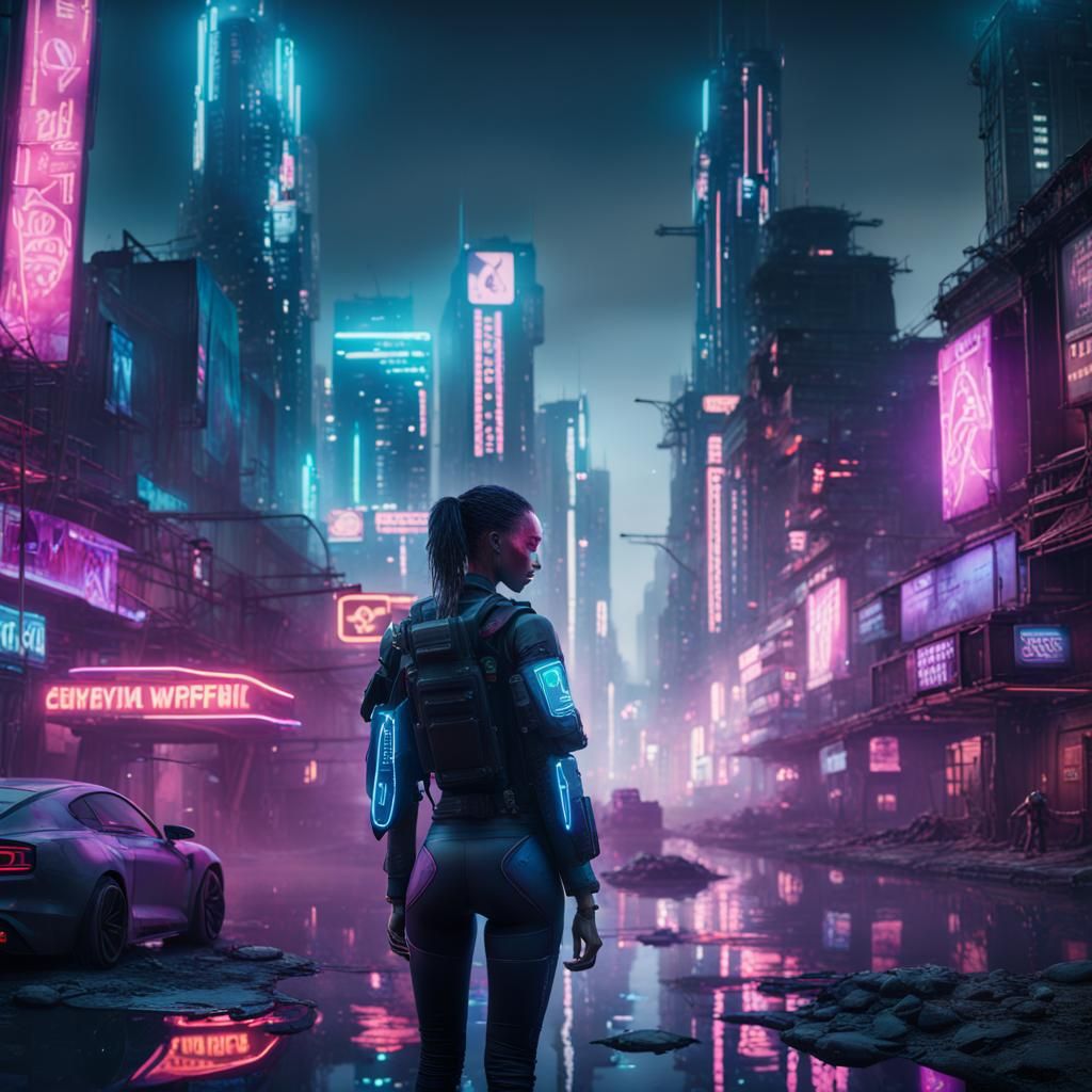Neon Cyberpunk Cityscape in Watercolor Style