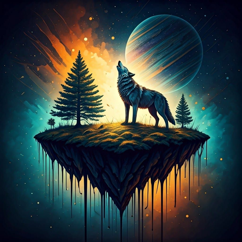 Lone Wolf Howling: Encaustic Surreal Ink Splatter