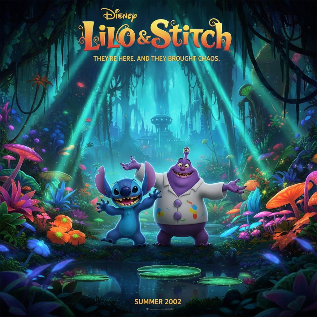 Lilo & Stitch Movie Poster: Aliens in Bioluminescent Jungle