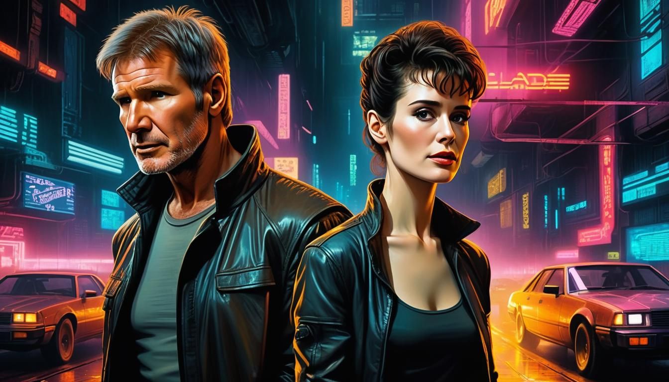 Wide shot portrait of Harrison Ford and Sean Young as Rachel...