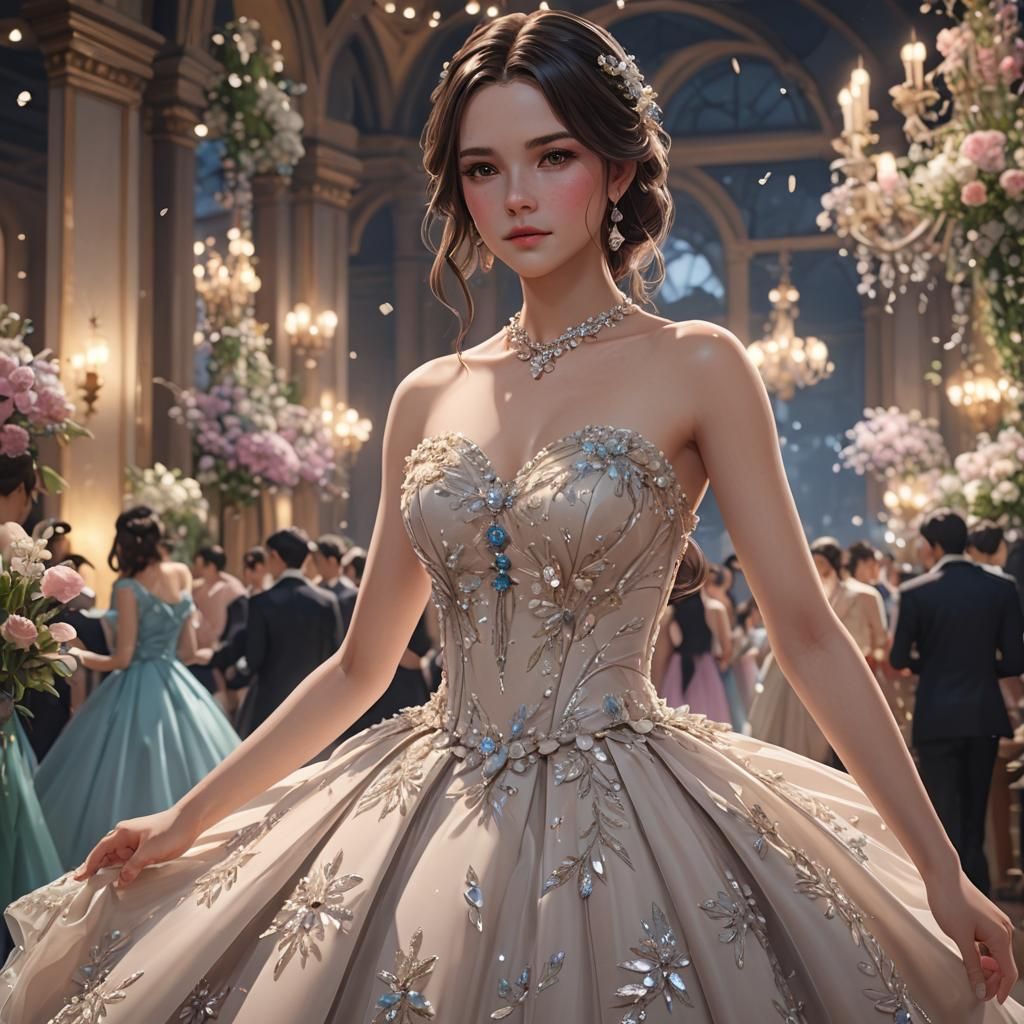 Brunette Girl in Prom Dress: Anime-Inspired 3D Art