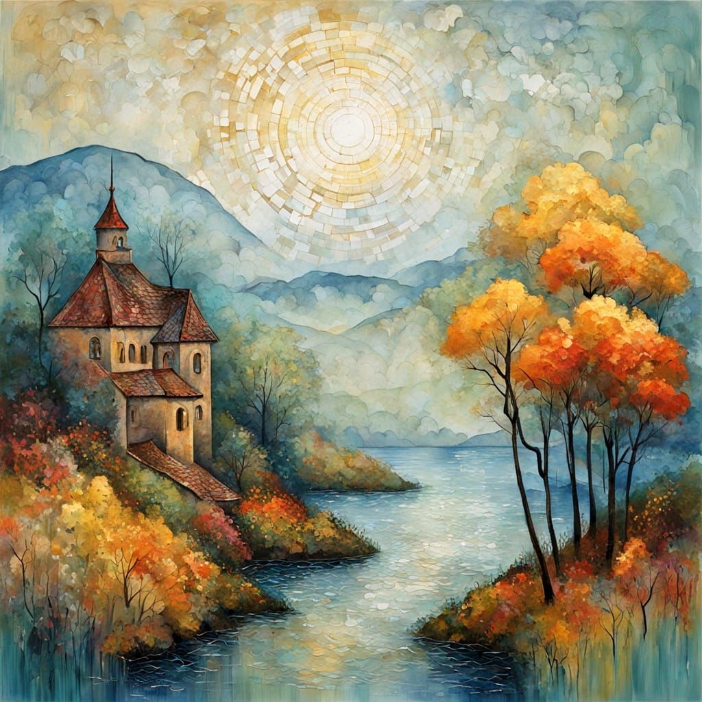 Misty Morning Seascape Impasto Painting with Kintsugi Lines