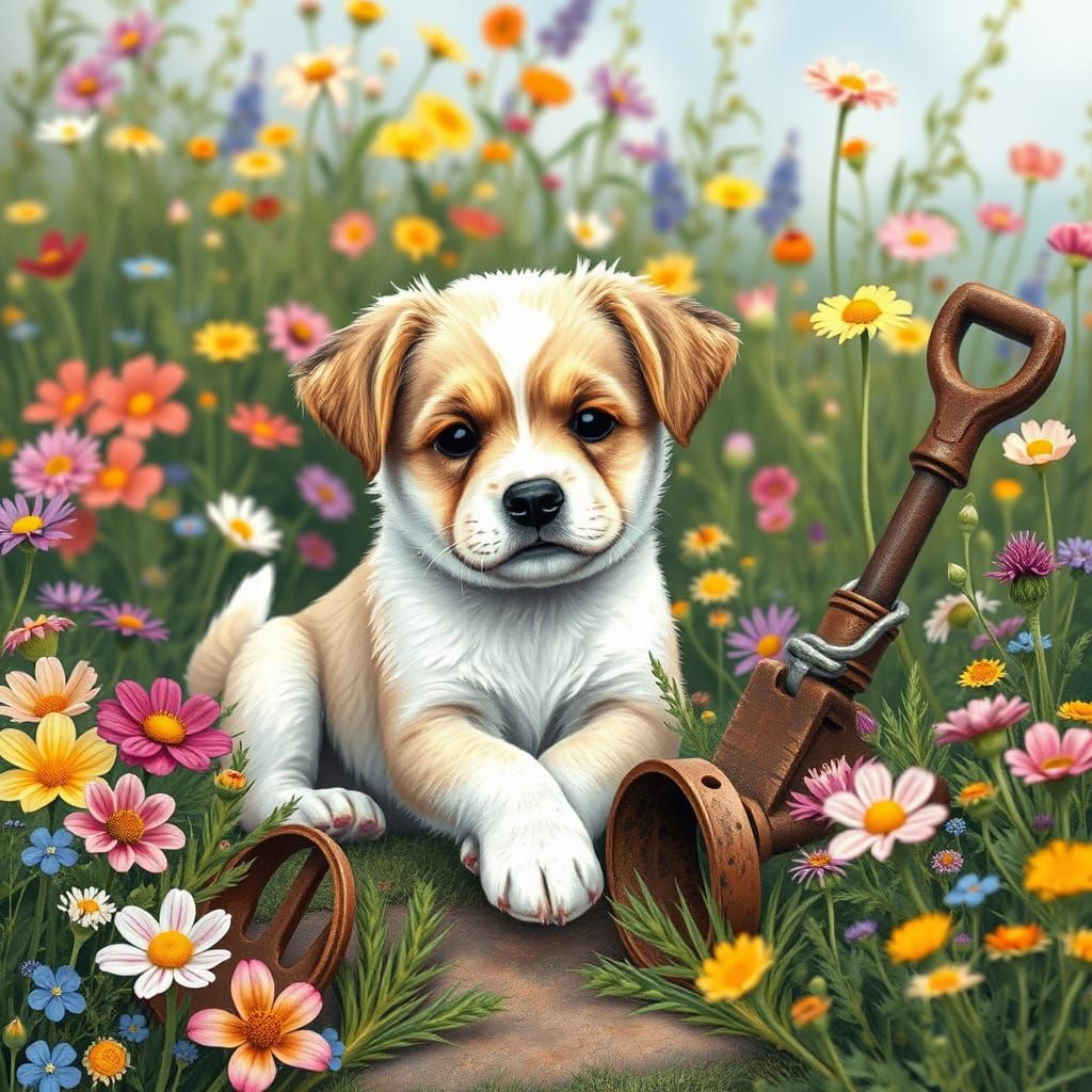 Puppy in Fantasy Garden, Beatrix Potter Style