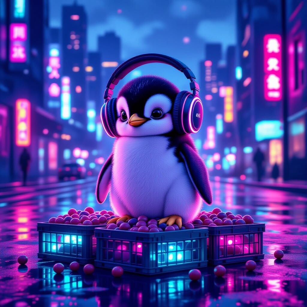 Cyberpunk Penguin with Bioluminescent Berries