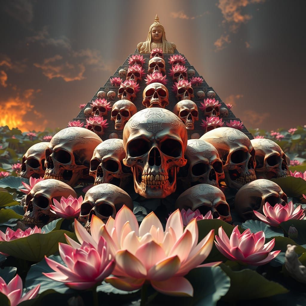 Epic 3D Skull Pyramid in Lush Lotus Bloom