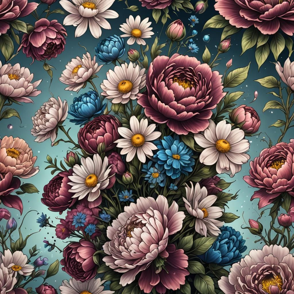 Tattoo Bouquet with Cosmo, Daisy, and Peony Flowers