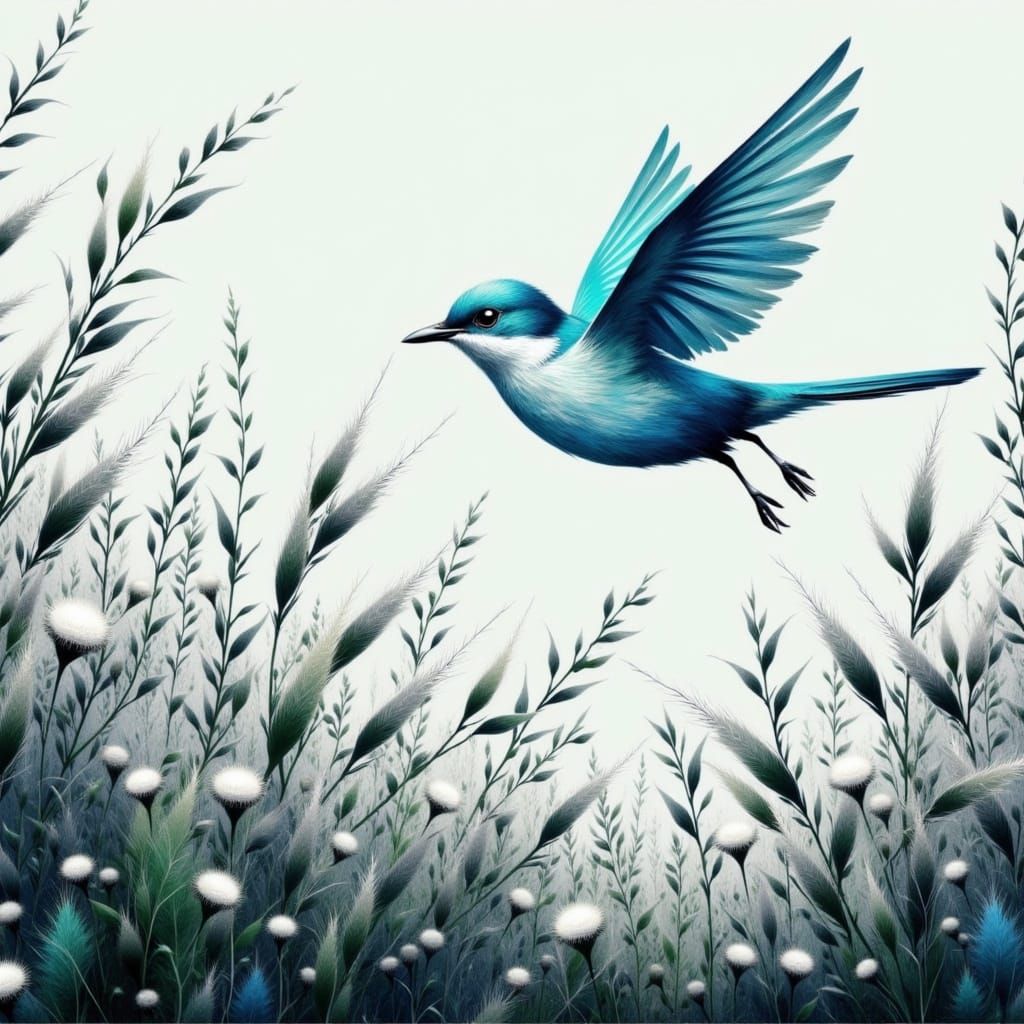 Azure Blue Wren in Joyful Flight Over Vibrant Grasses