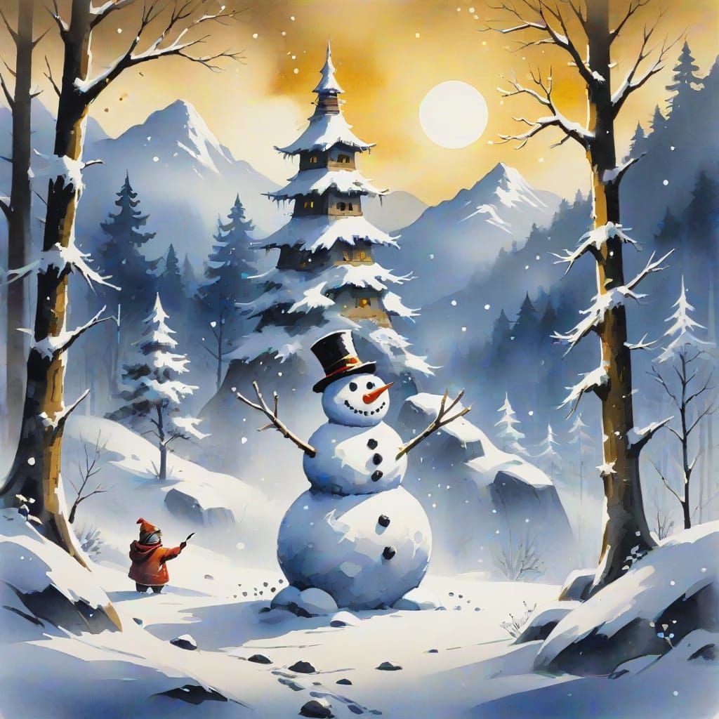 Orc Builds Snowman in Snowy Forest, Sumi-e Style