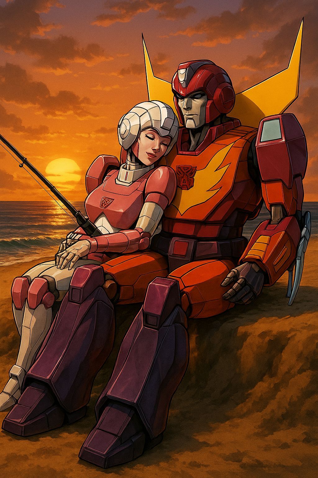 Hot Rod and Arcee Relaxing on a Beach at Sunset
