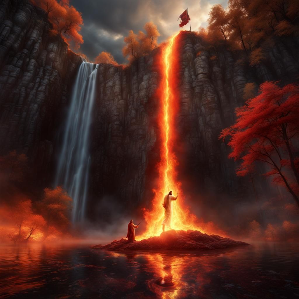 Jesus Selfie with Burning Waterfall: Hyperrealistic Fantasy
