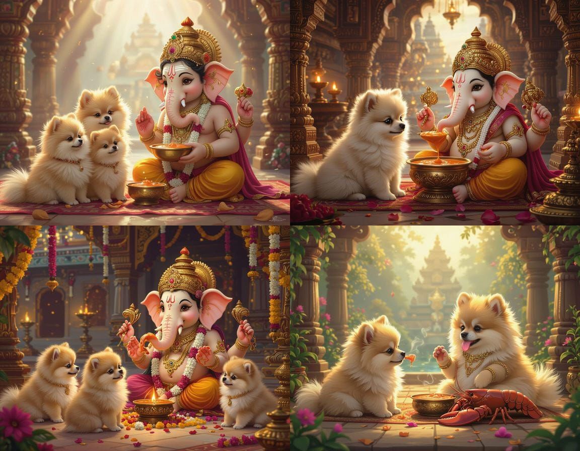 Pomeranians Offer Puppy to Ganesha Eating Lobster Bisque