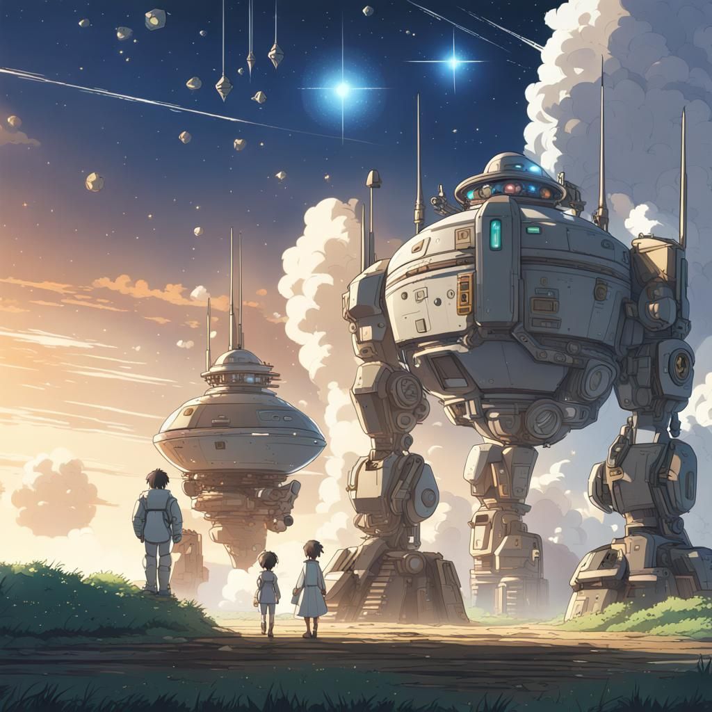 Robots Unloading Gems: Studio Ghibli Anime Style
