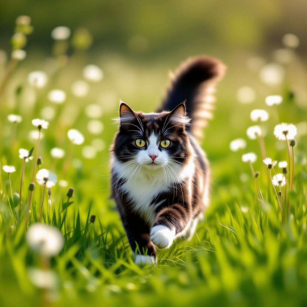 A Manx cat running through dandelions in a rolling grass mea...