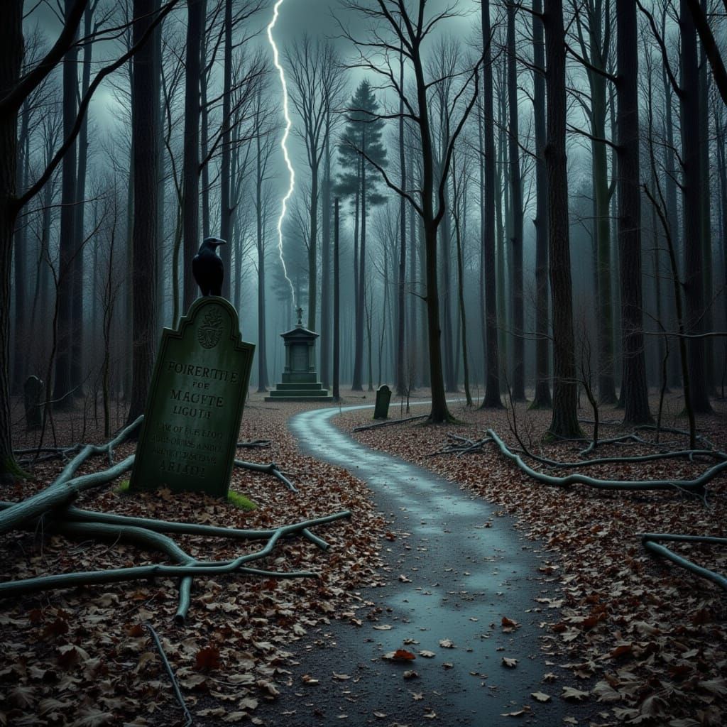 Eerie Forest Path Leading to Old Cemetery