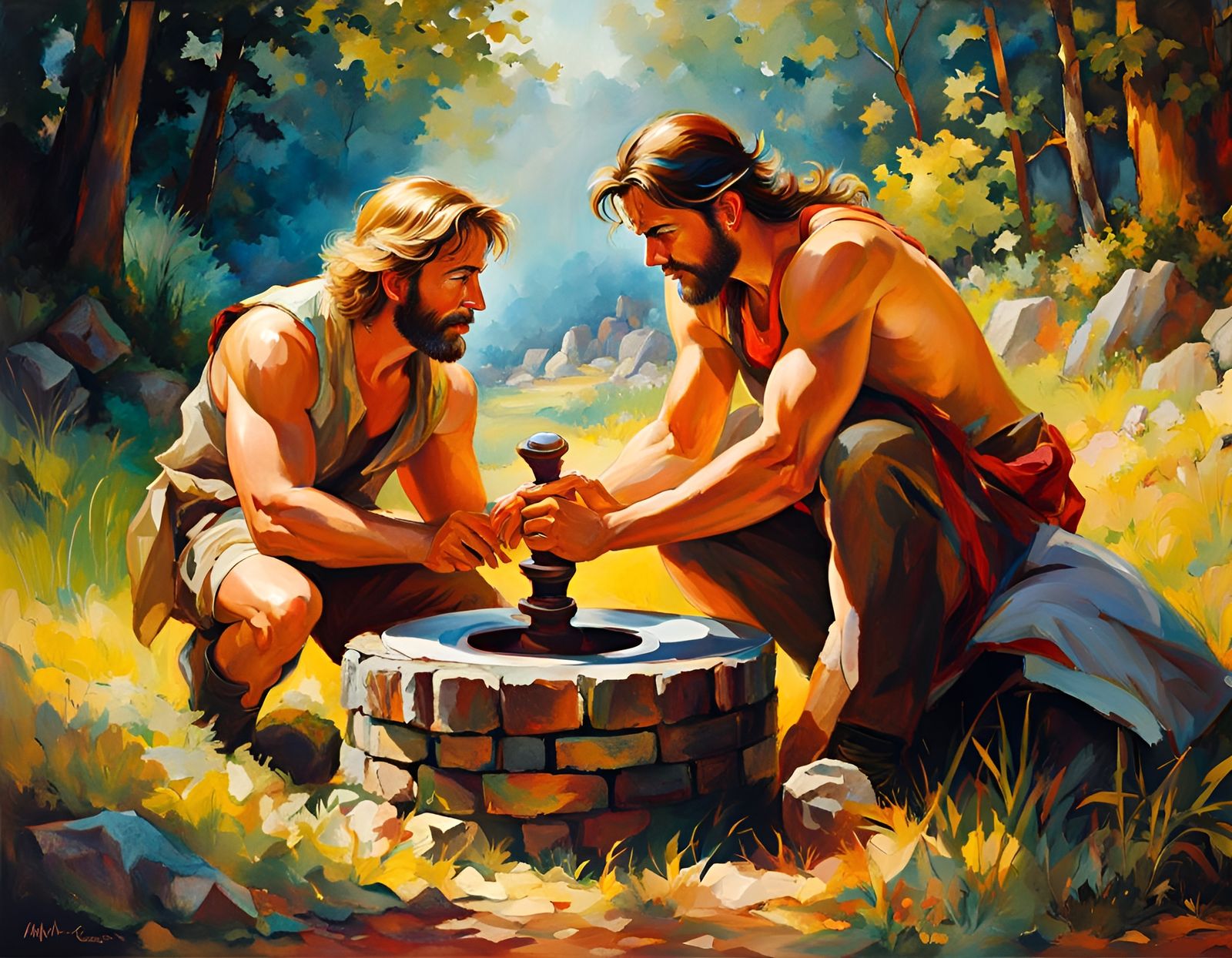 Cavemen Crafting Stone Wheel in Primitivism Style