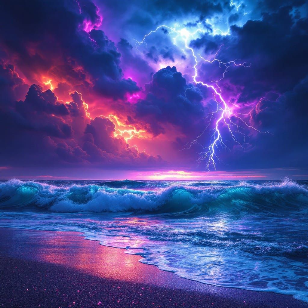 Electric Stormy Skies Illuminated by Neon-Lit Waves