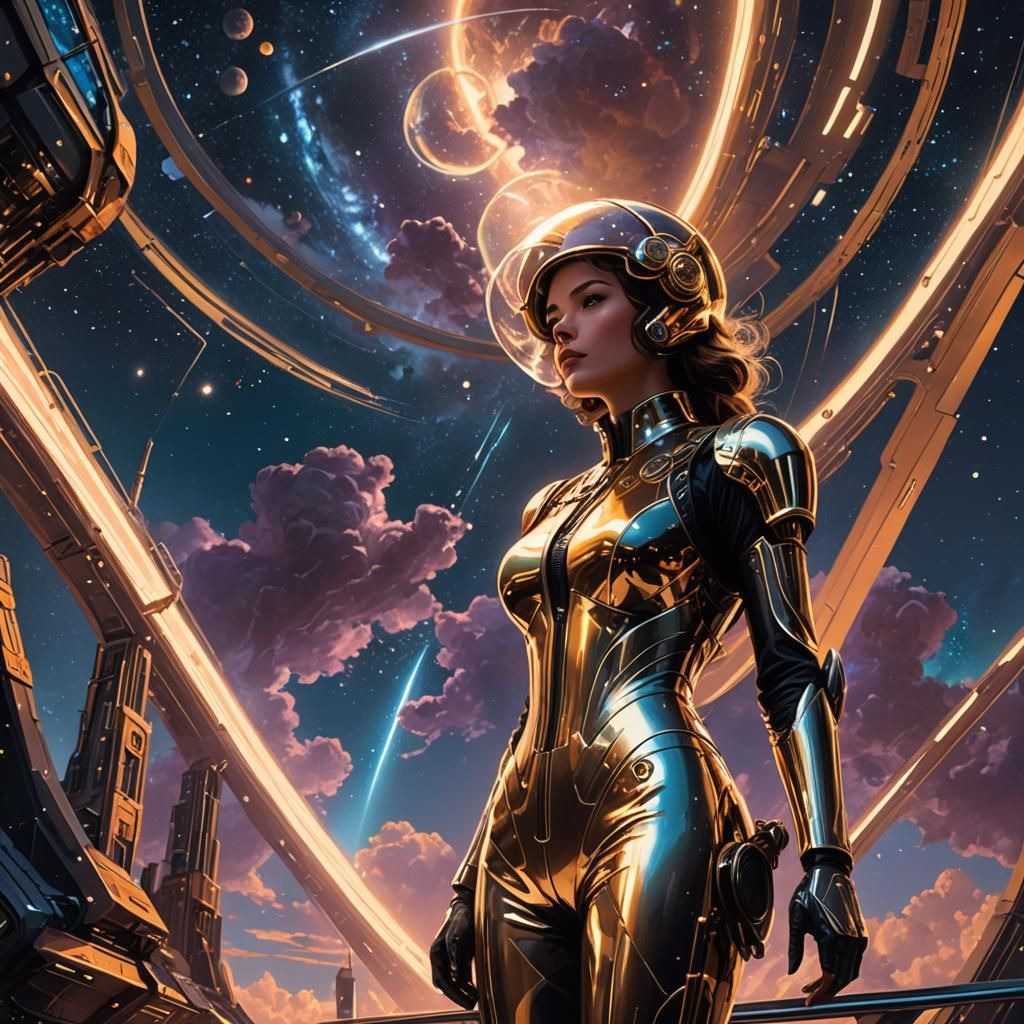 Retrofuturistic Woman Gazing at Starry Sky