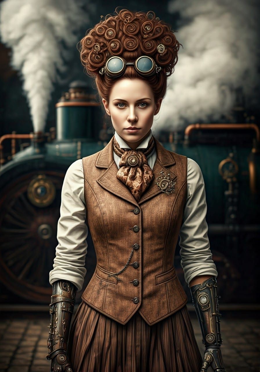 Steampunk woman:
Outfit: Victorian-inspired with gears, cloc...
