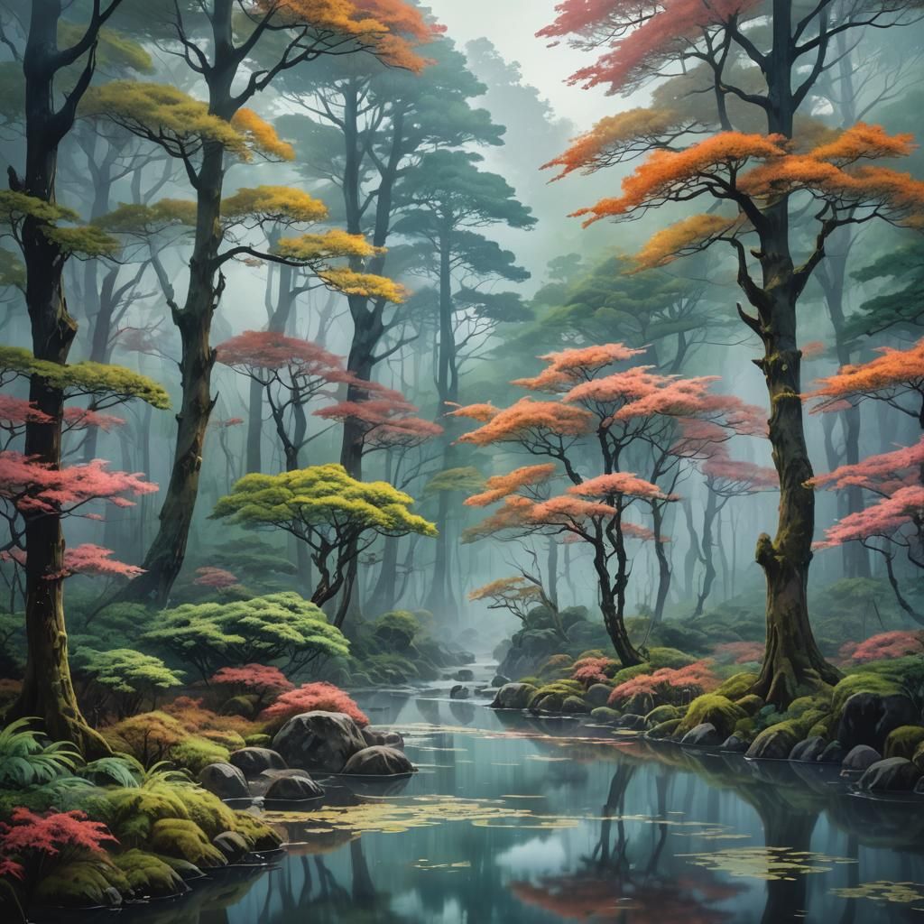 Ethereal Misty Japanese Forest in Impressionist Watercolor