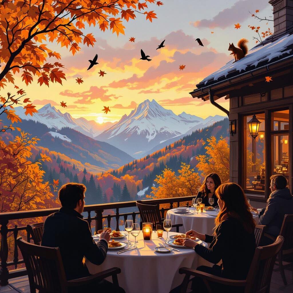 Cozy Restaurant at Sunset Overlooking Autumn Forest