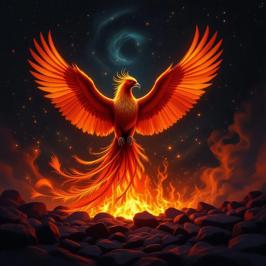 Majestic Phoenix Rises from Cosmic Embers in Oil Painting St...