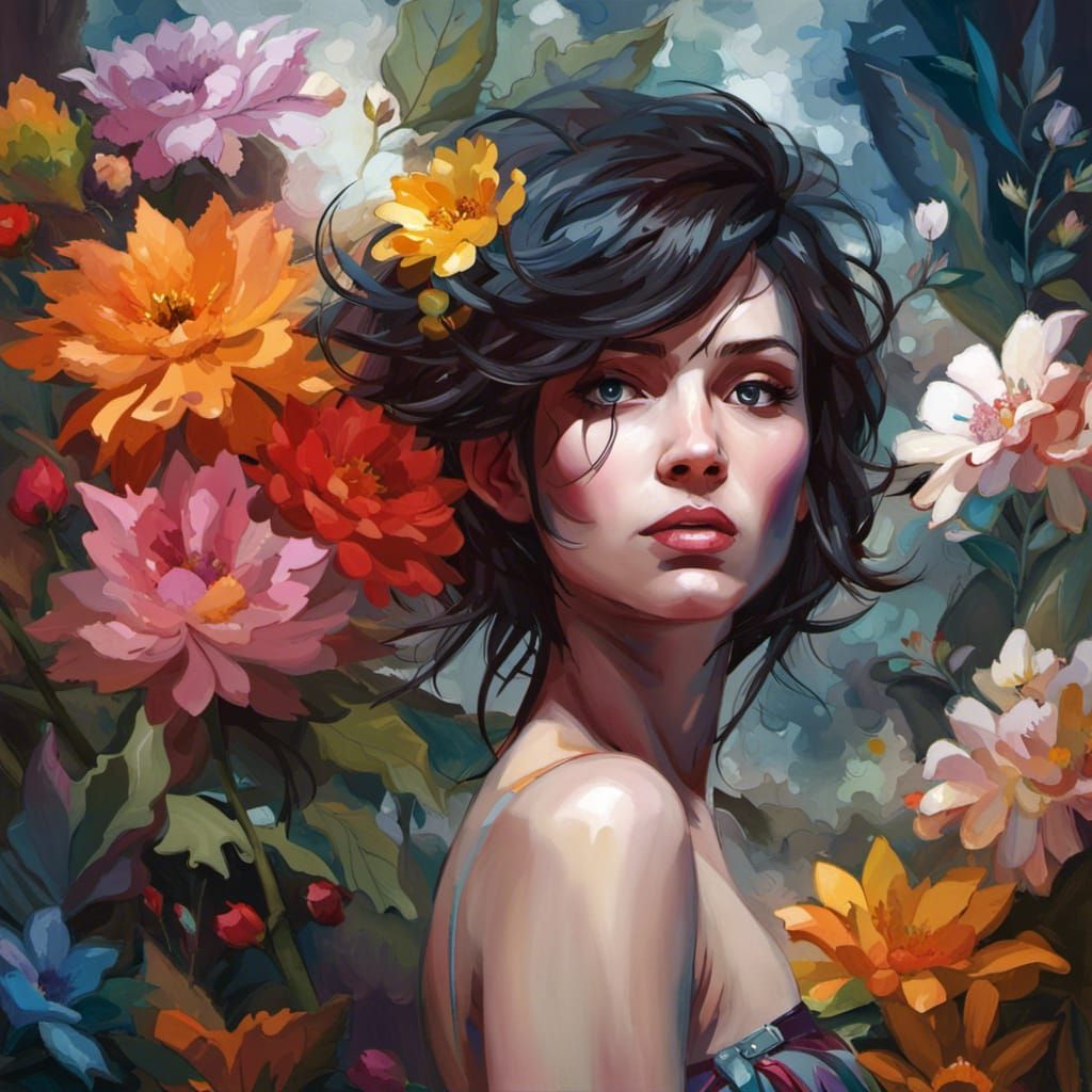 Punk Pixie Surrounded by Flowers: Hyperrealistic Portrait