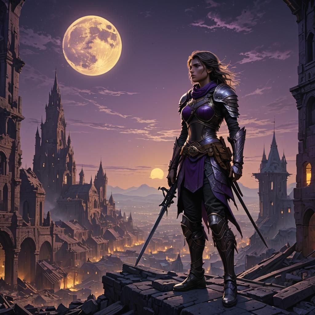 Dark Fantasy Woman Warrior in Ruined City