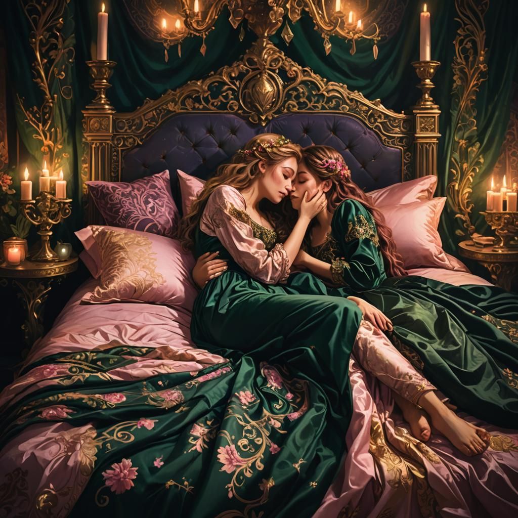 Fantasy Art: Two Girls Kissing in Ornate Bed