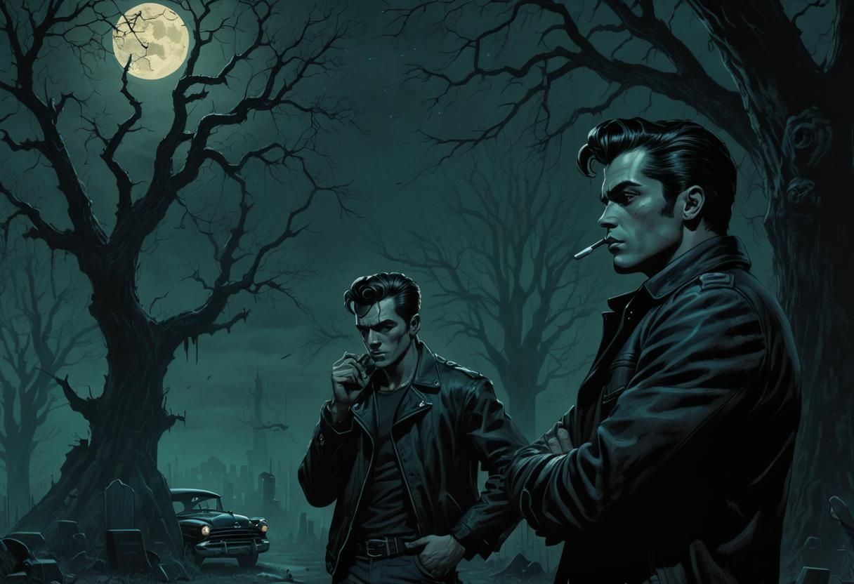 Greasers in Graveyard Beside 1955 Chevy, Comic Book Art
