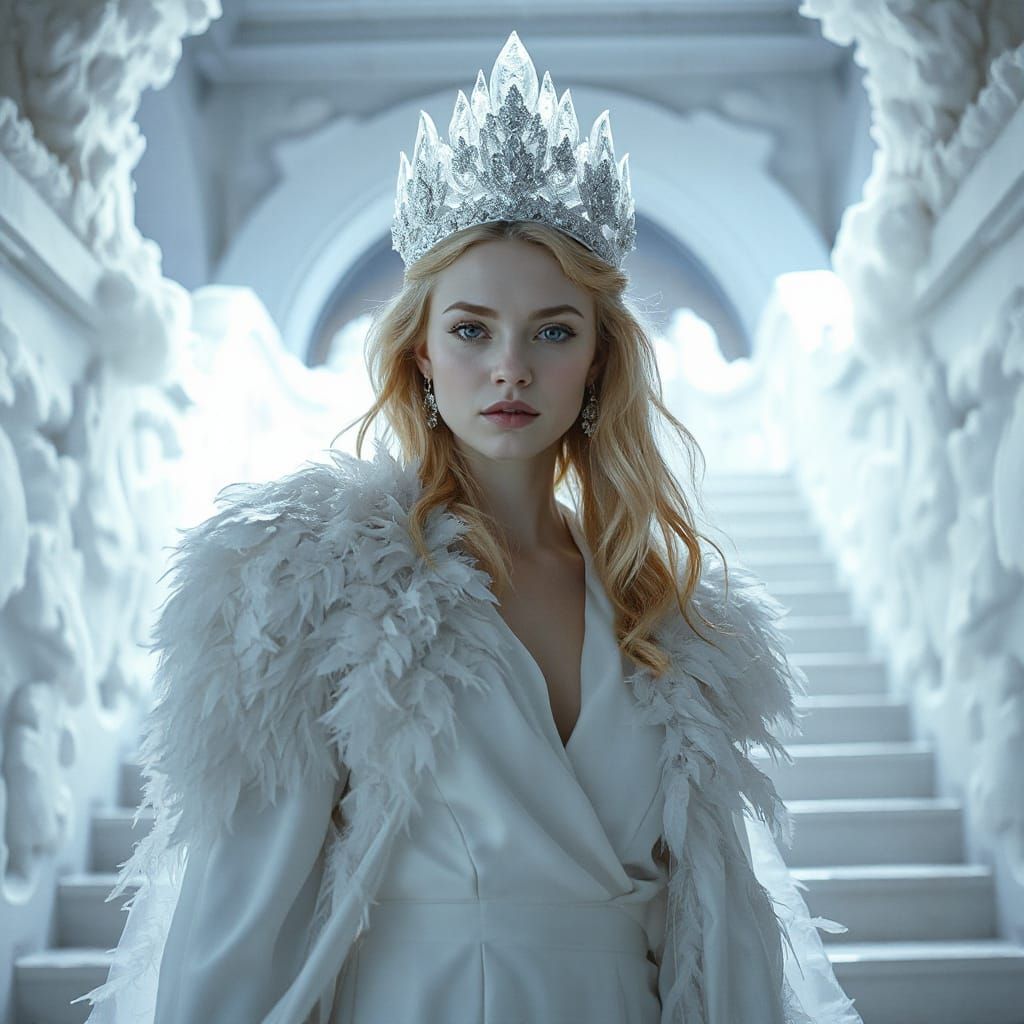 Ethereal Regal Woman in Silk and Feathers